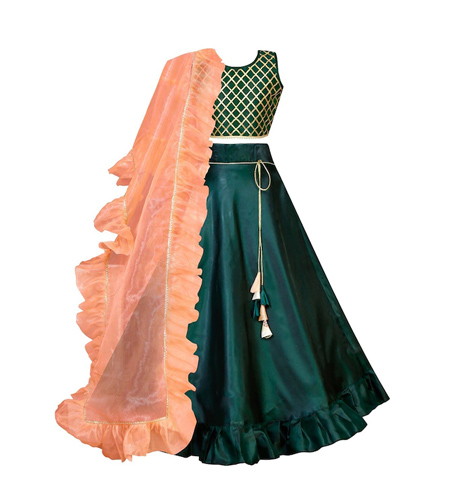 Girls Green & Gold-Toned Ready to Wear Lehenga & Blouse With Dupatta